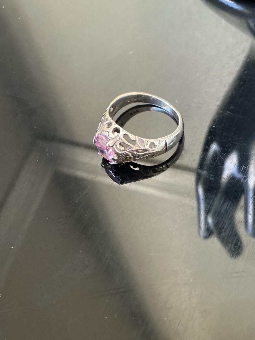 Vintage 925 Sterling Silver Pink Topaz CZ Oval Filigree Statement Ring  size 6